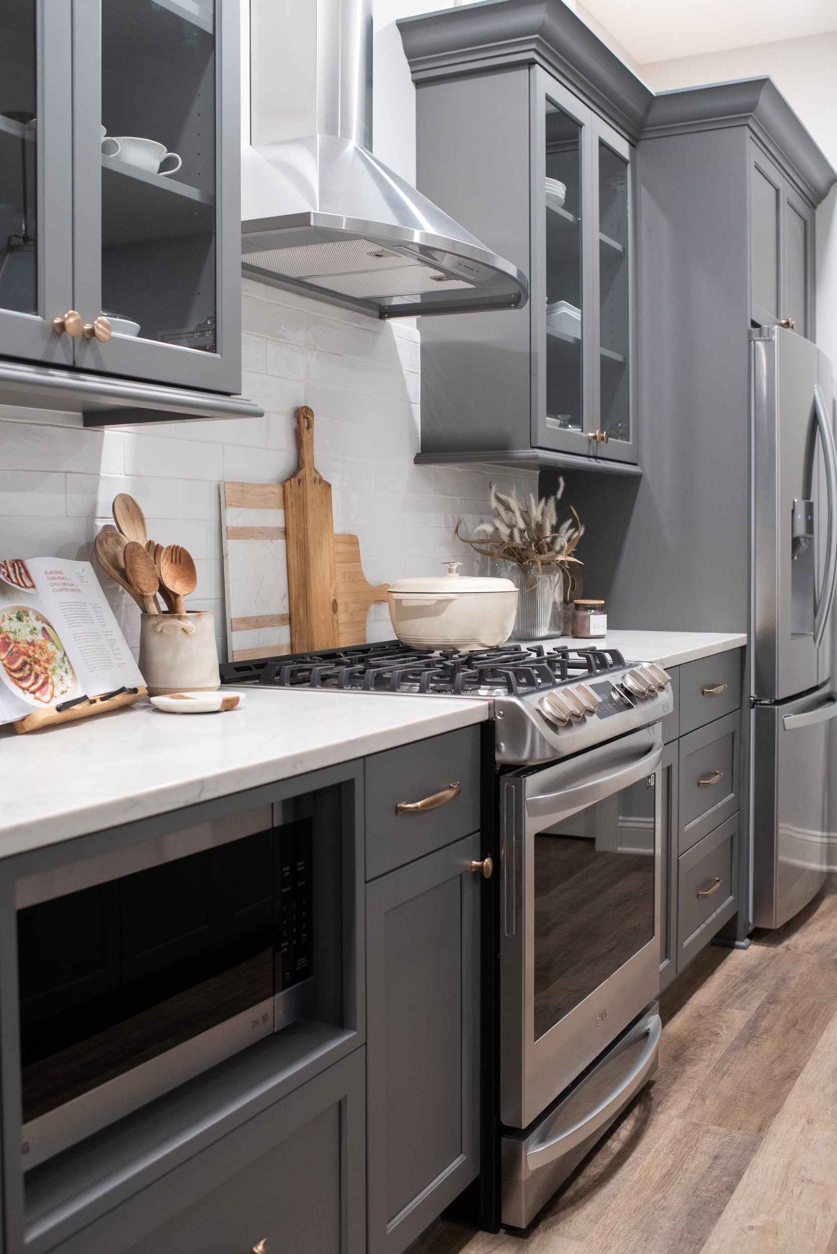 drawer microwave with gray cabinets