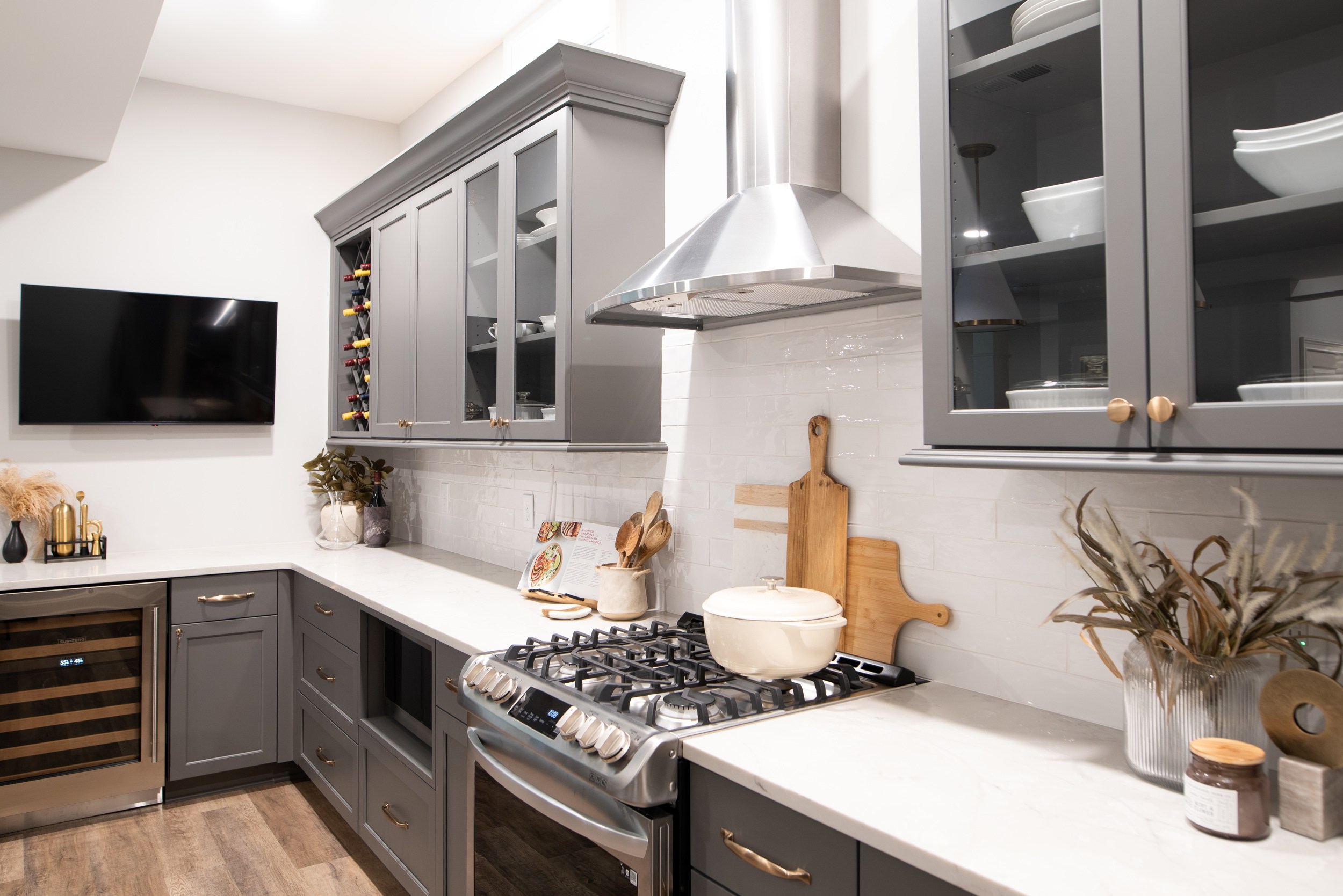 gray renovated kitchen in basement