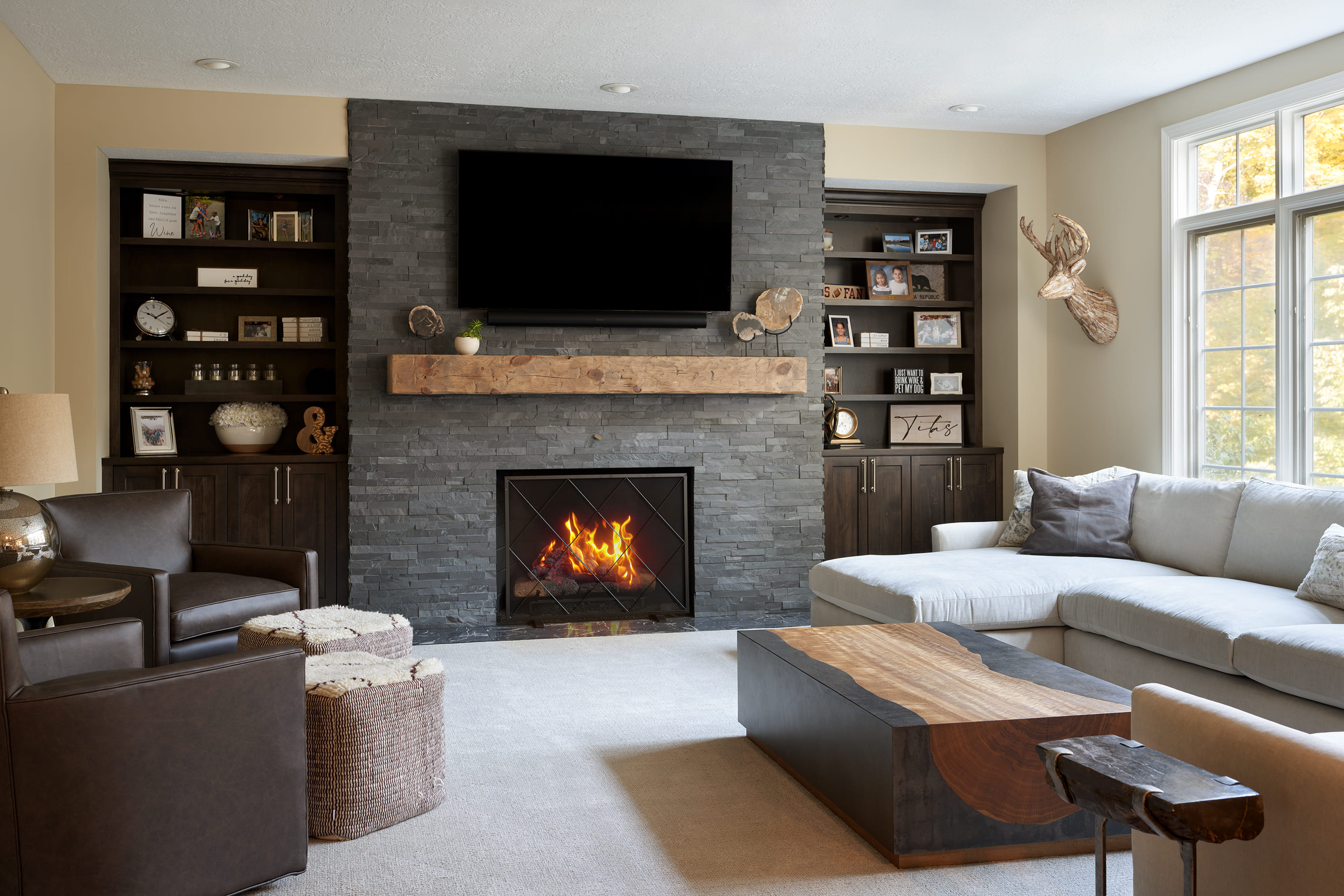 Grey stone fire place living room