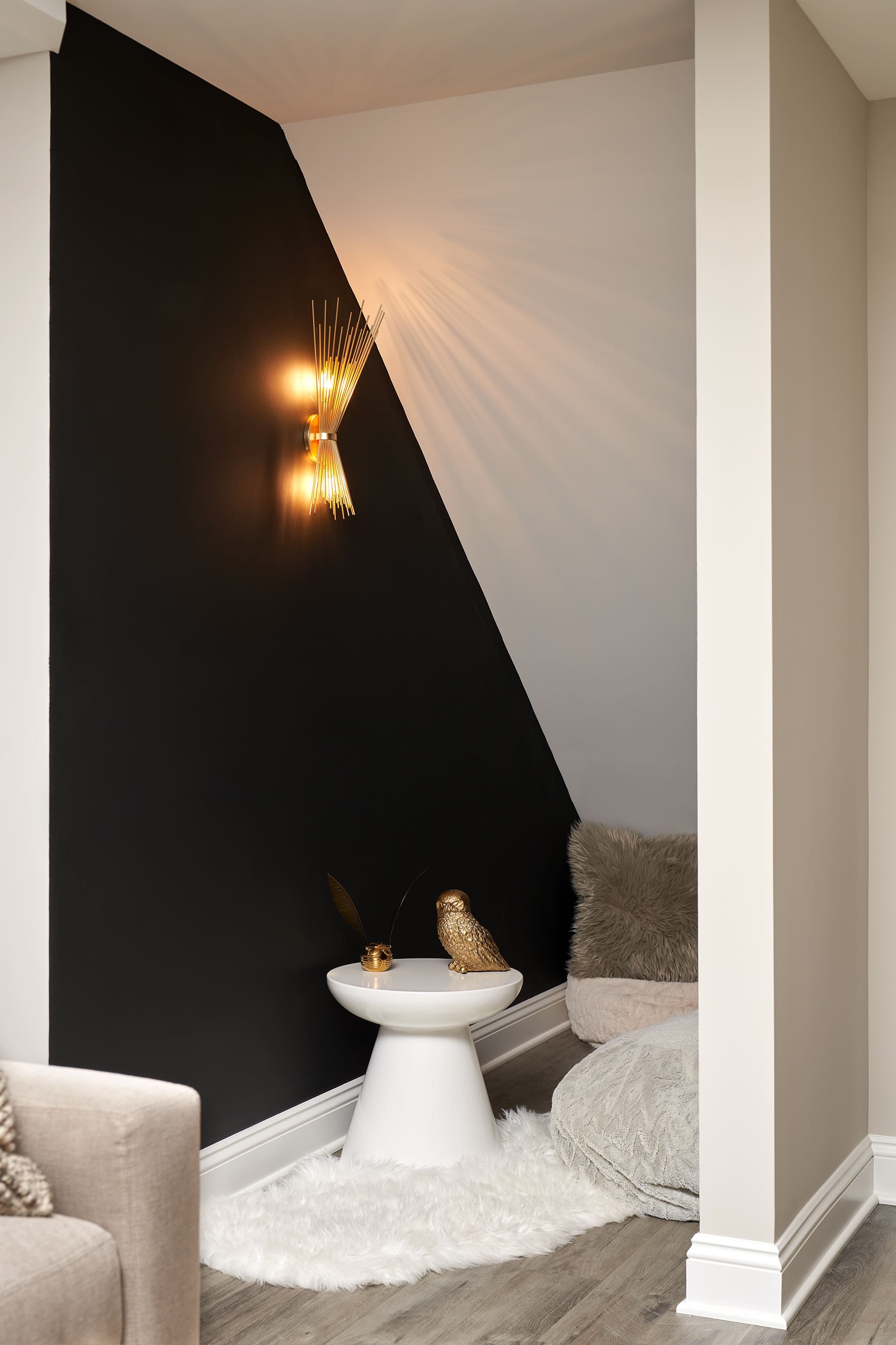 Basement cozy corner with sconce light 