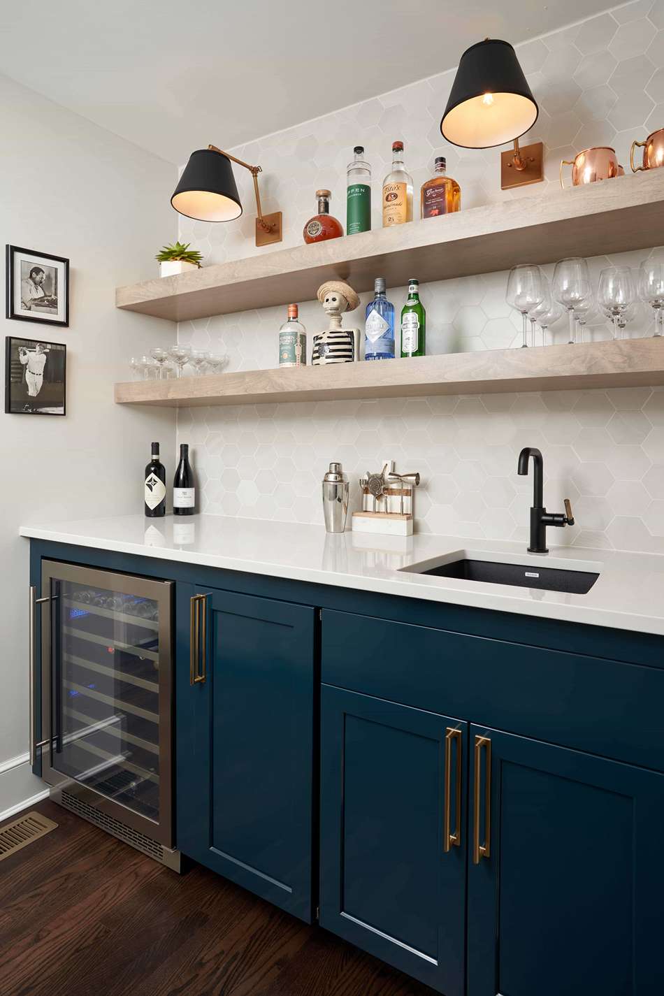 blue wet bar open shelving cleveland