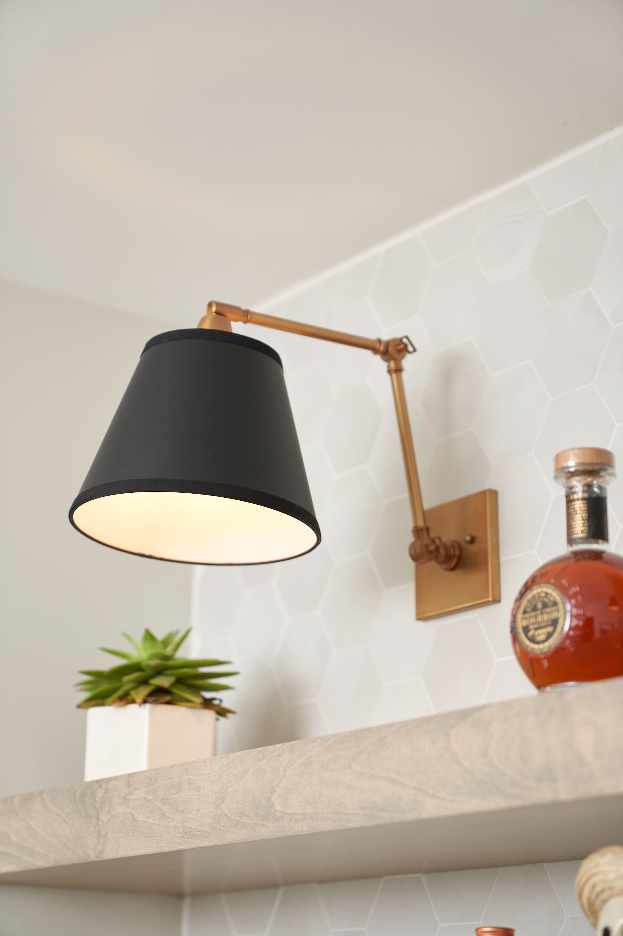 bar accent lamp over open shelving ohio remodel