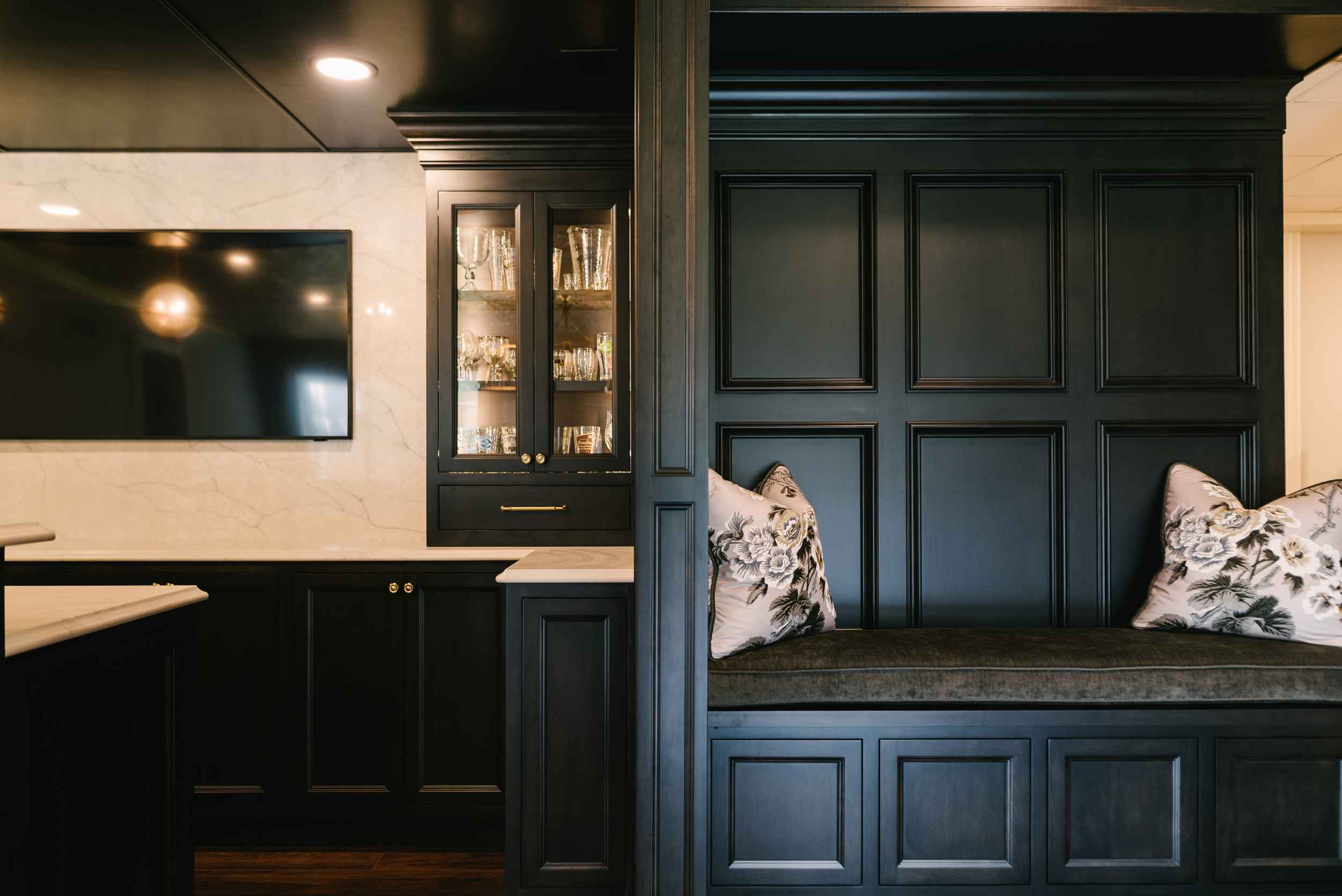 black built in seating basement remodel cleveland