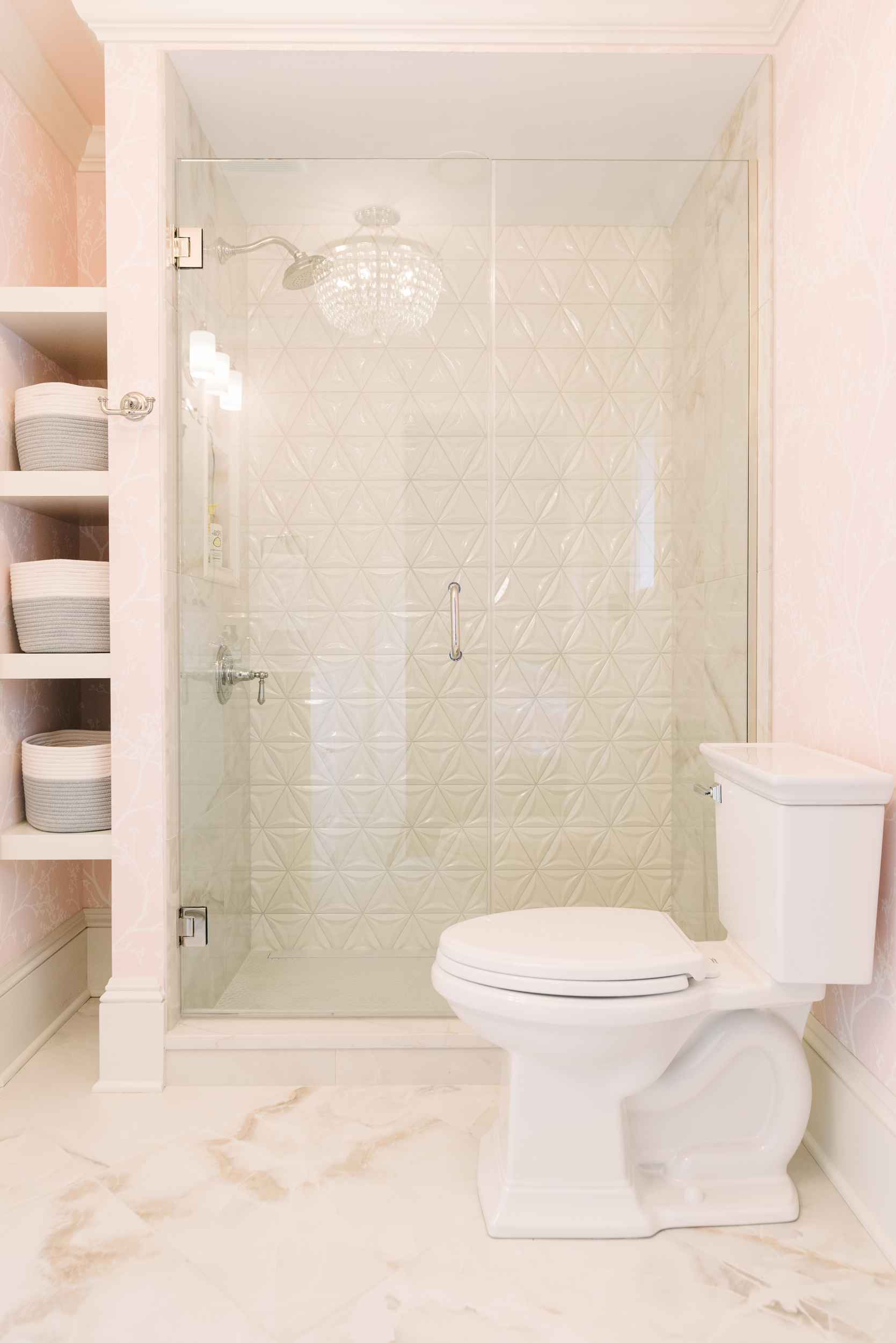 walk in tiled shower with bathroom storage in ohio home