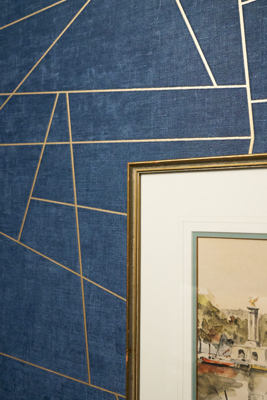 blue and gold wallpaper in cleveland home remodel