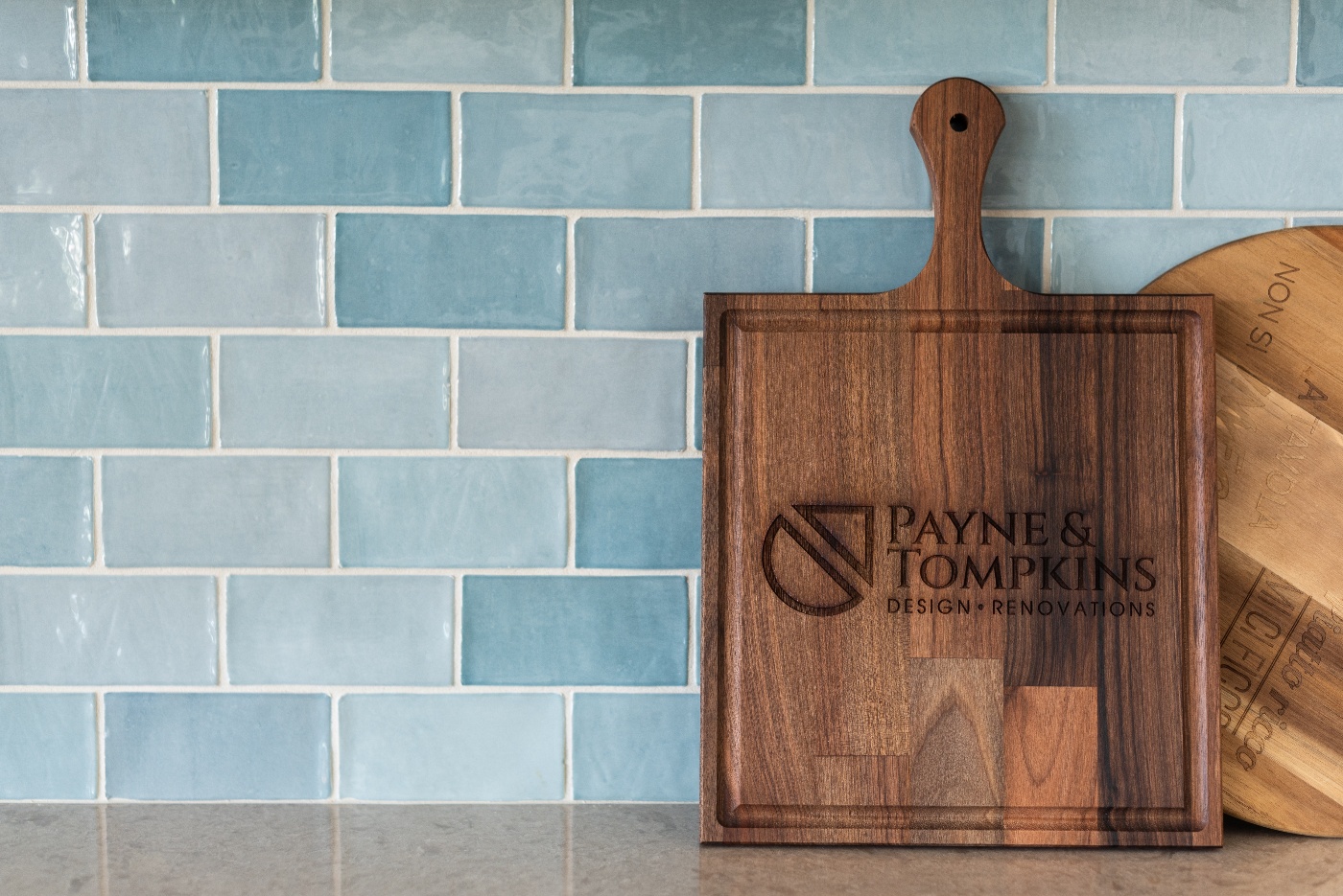 Pool house kitchen blue tile backsplash