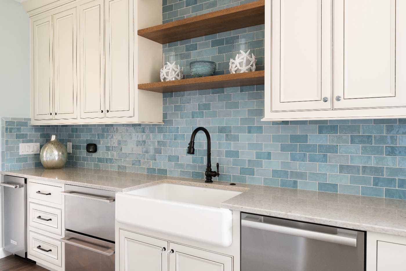 Pool house kitchen blue tile backsplash