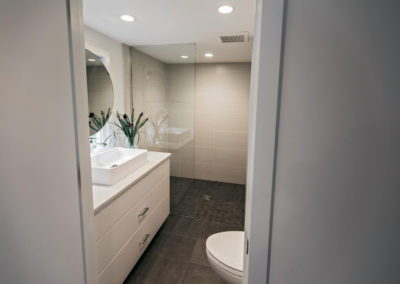 remodeled bathroom with single sink vanity and glass door shower