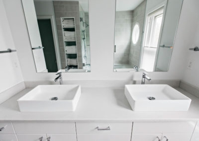 master bathroom with double raised sink vanity