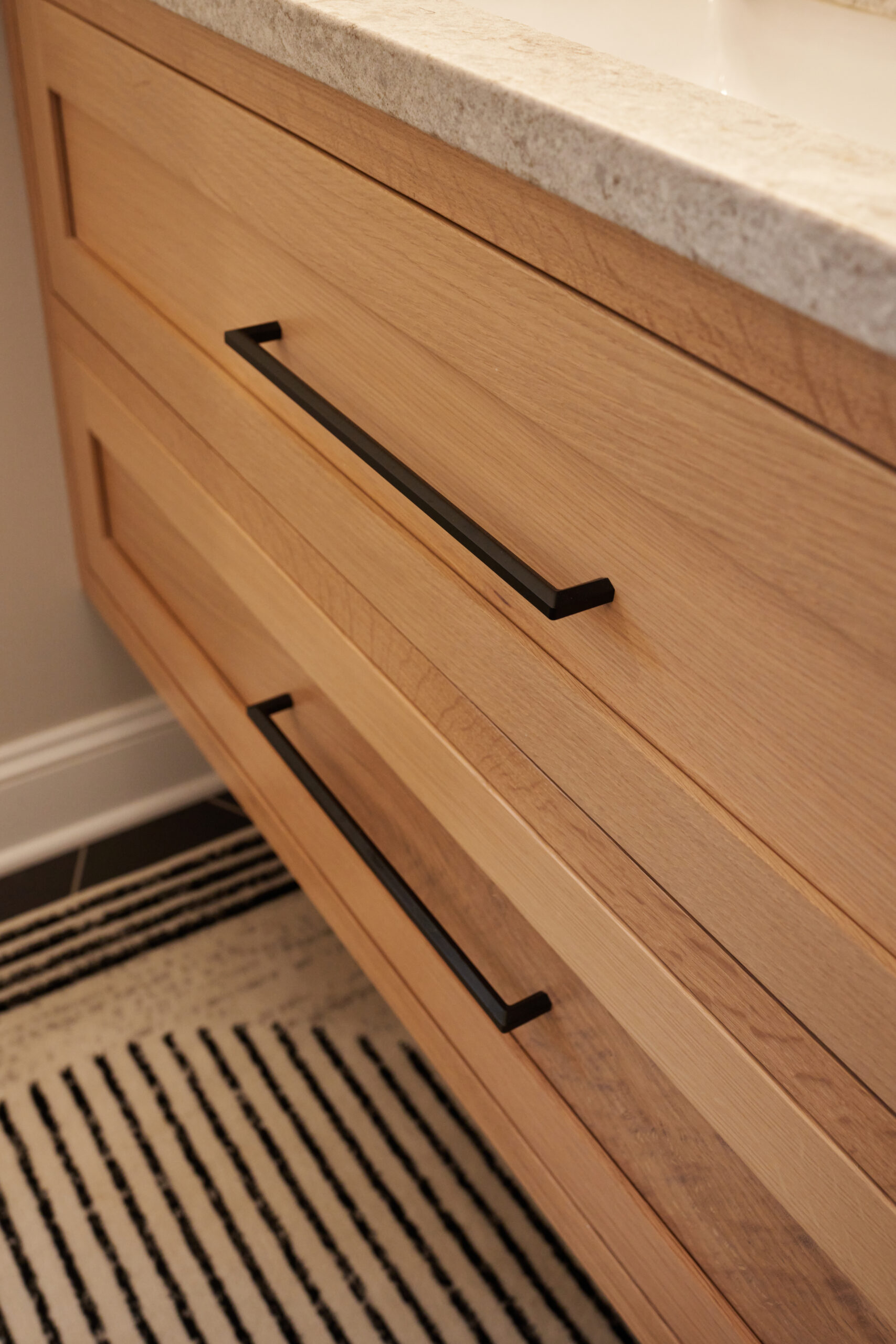 Natural Wood Vanity Drawers with Black Hardware 