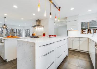 white modern kitchen with double islands