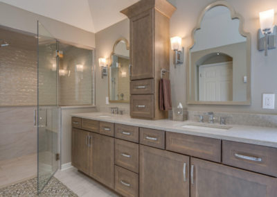 double sink wood vanity with center storage