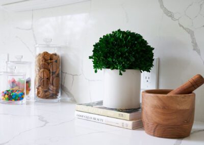 Renovated White Kitchen Detail Gray and White Veining