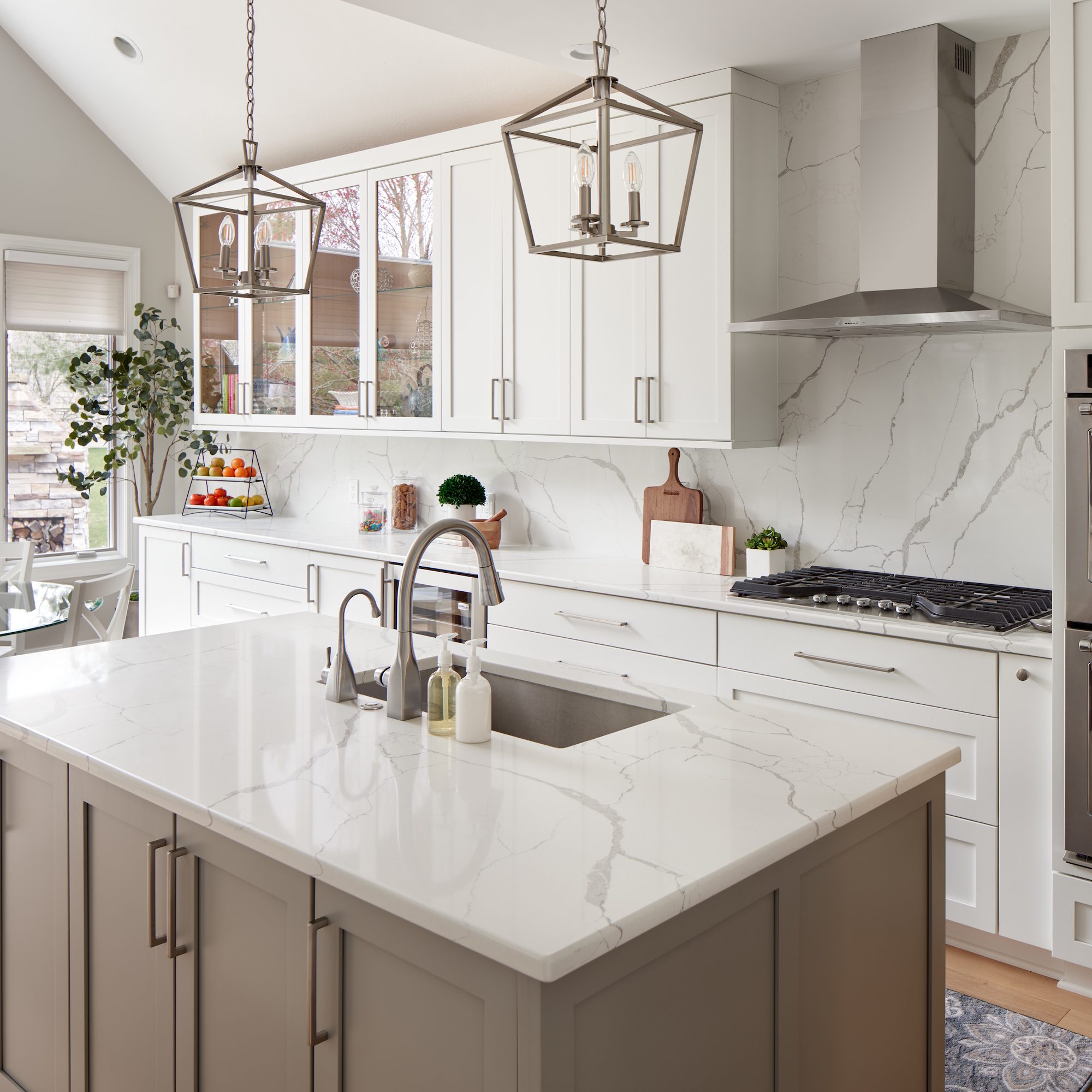 Modern Transitional Kitchen White Glass Front Cabinets