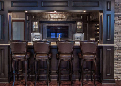 dark wood bar with stool seating