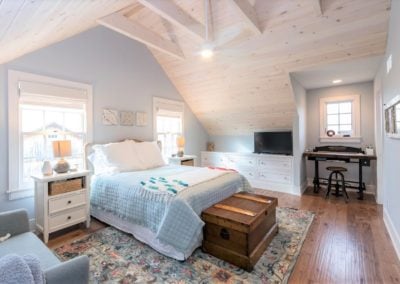 bedroom with vaulted wood ceiling and blue accent colors