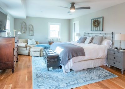 cozy master bedroom with light gray walls and hardwood floors