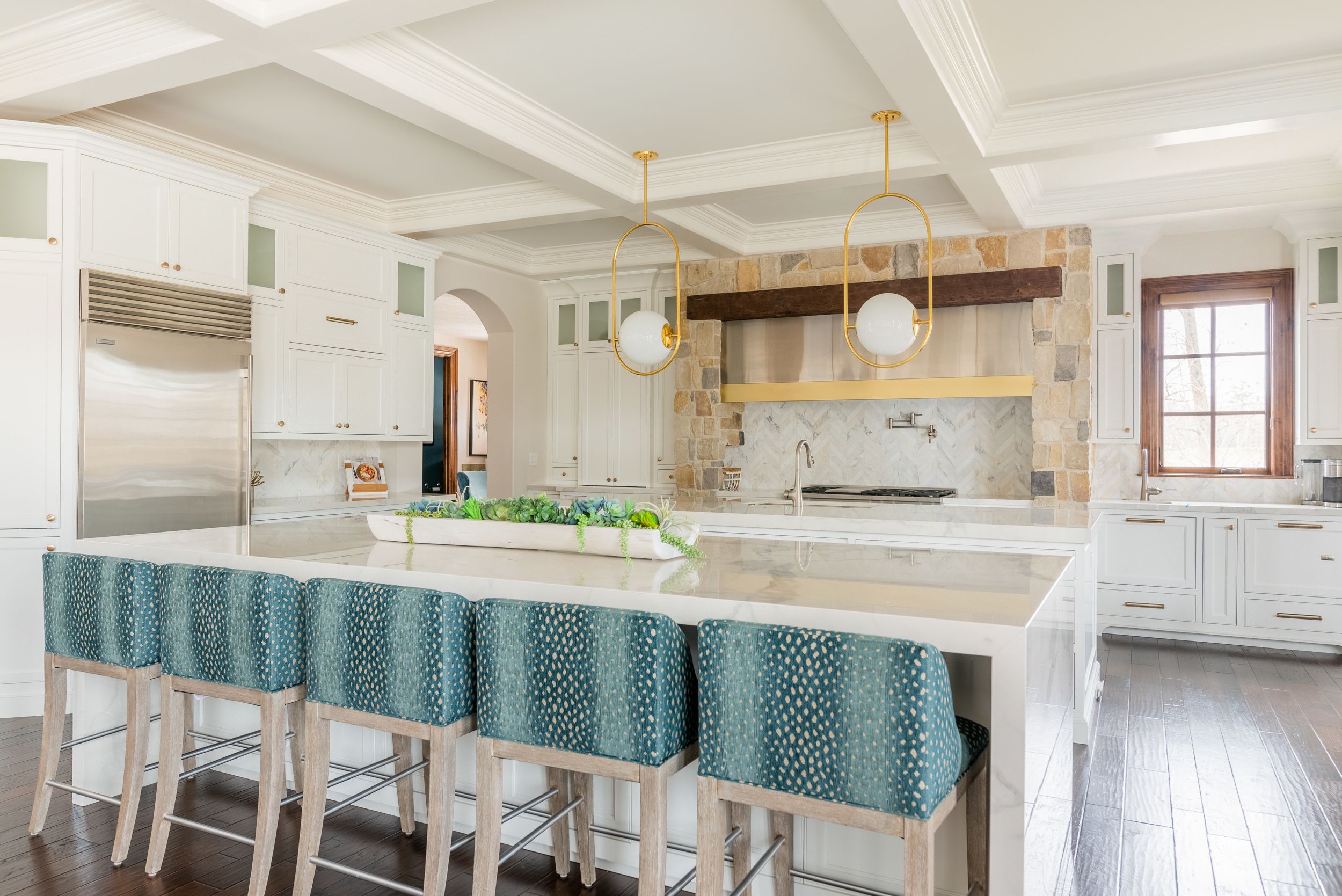 Rustic Transitional double island white kitchen