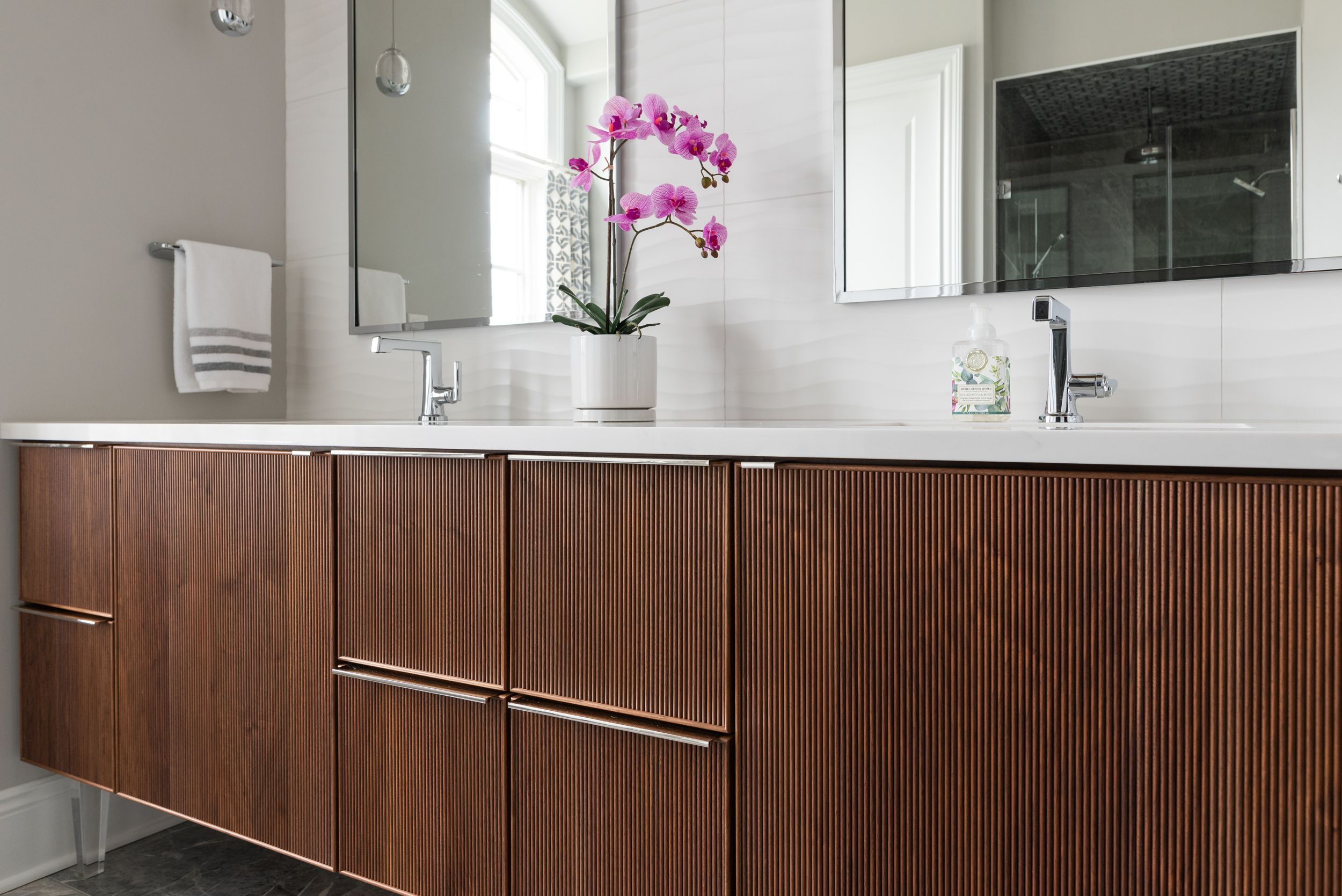 textured wooden double vanity