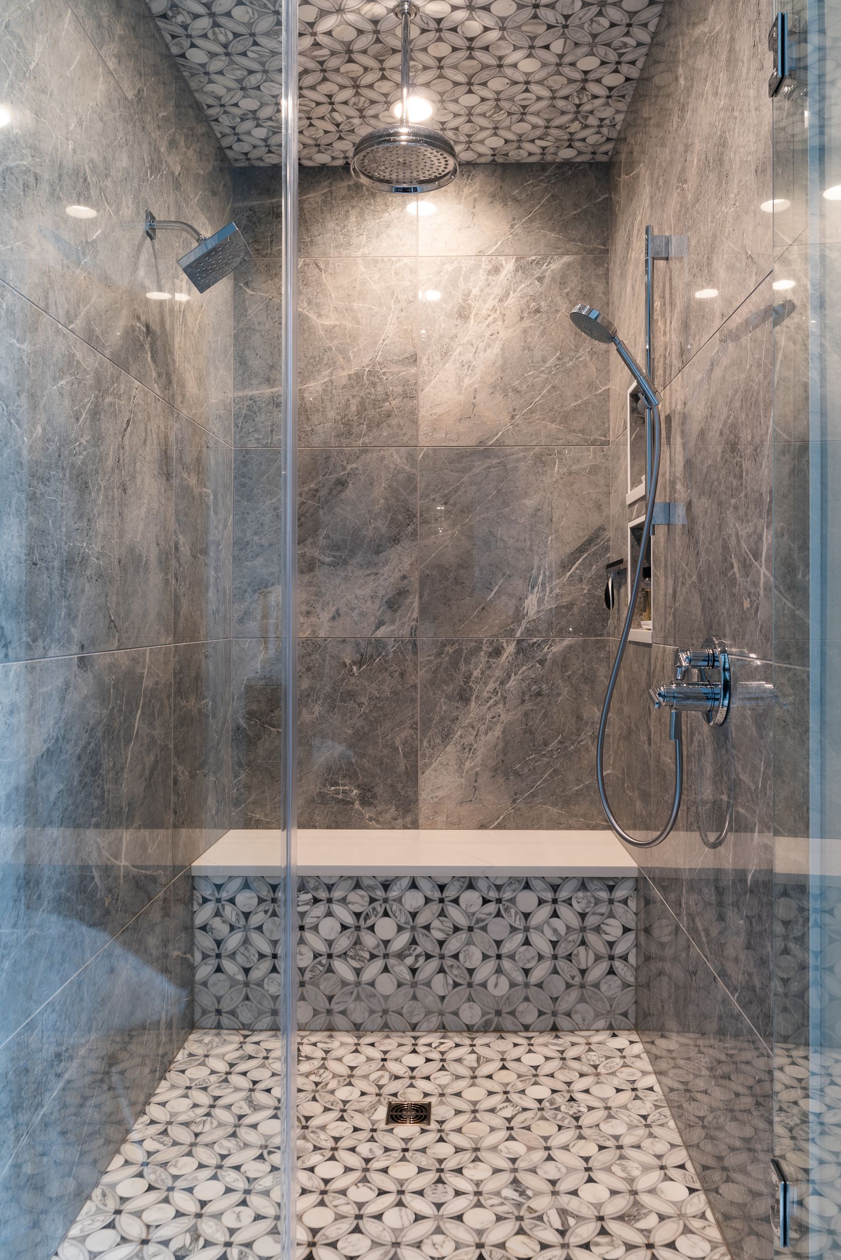 gray marble walk in shower