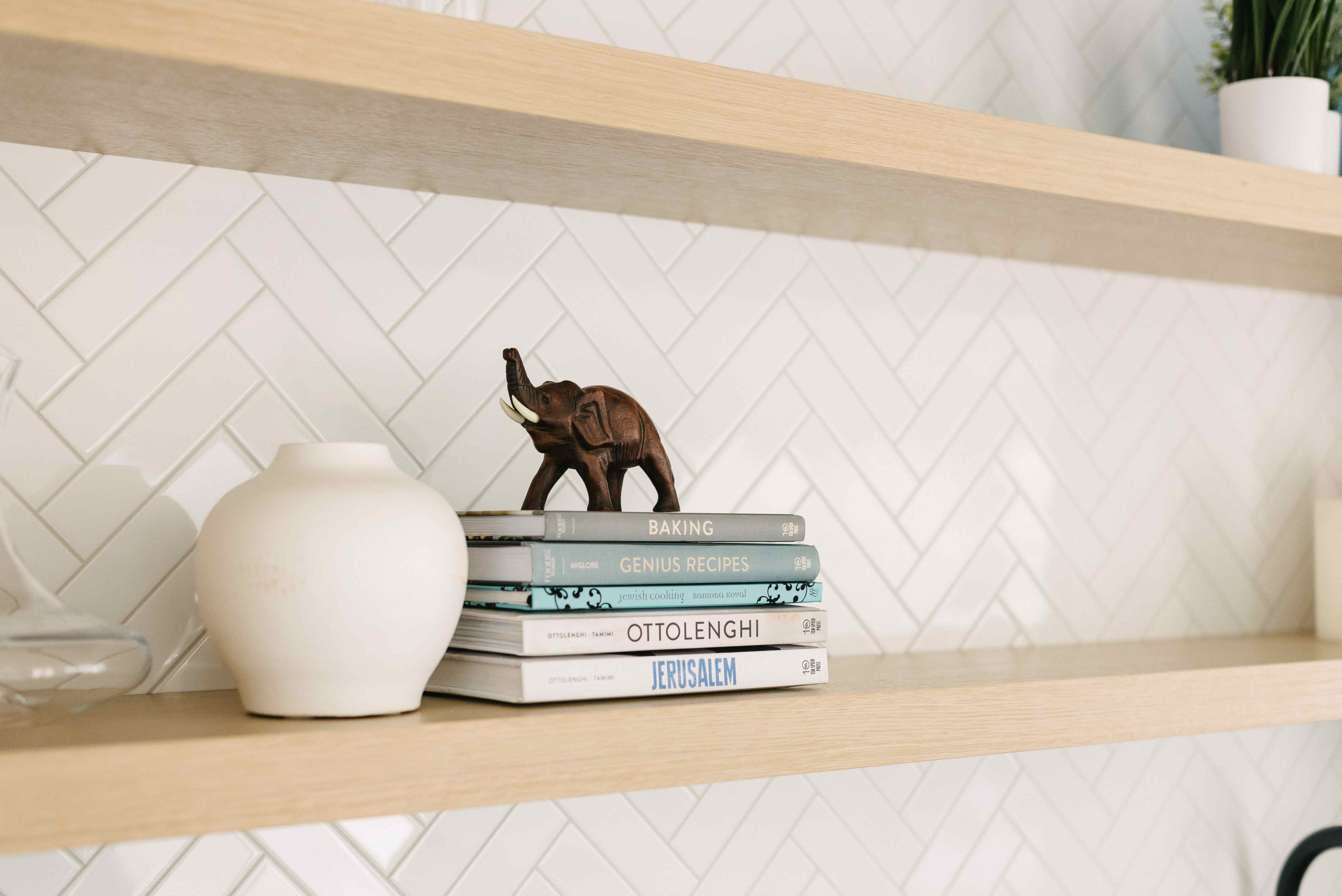 Open Floating Shelves with Herringbone Tile Backsplash Ohio Kitchen Remodel