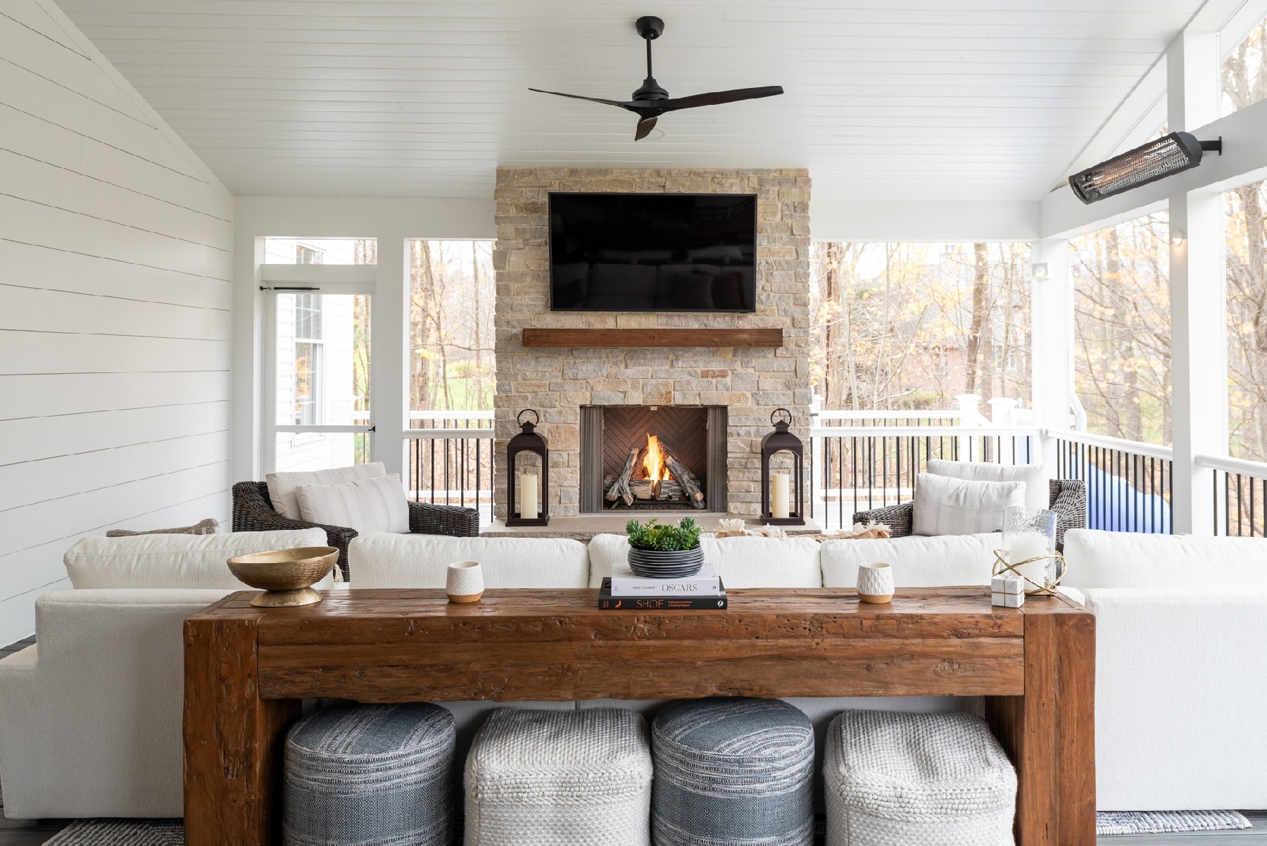 stone fireplace in covered porch