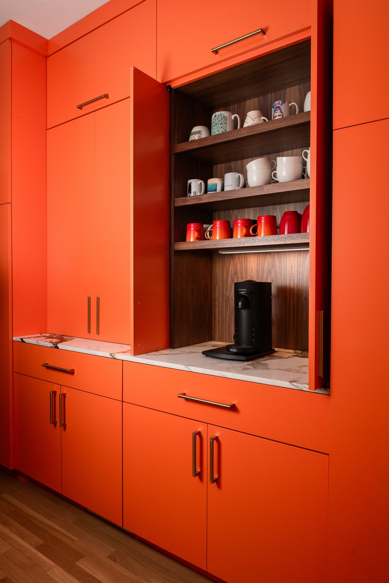 orange cabinet coffee bar