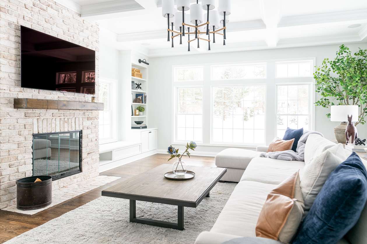 Stone fireplace living room Cleveland remodel