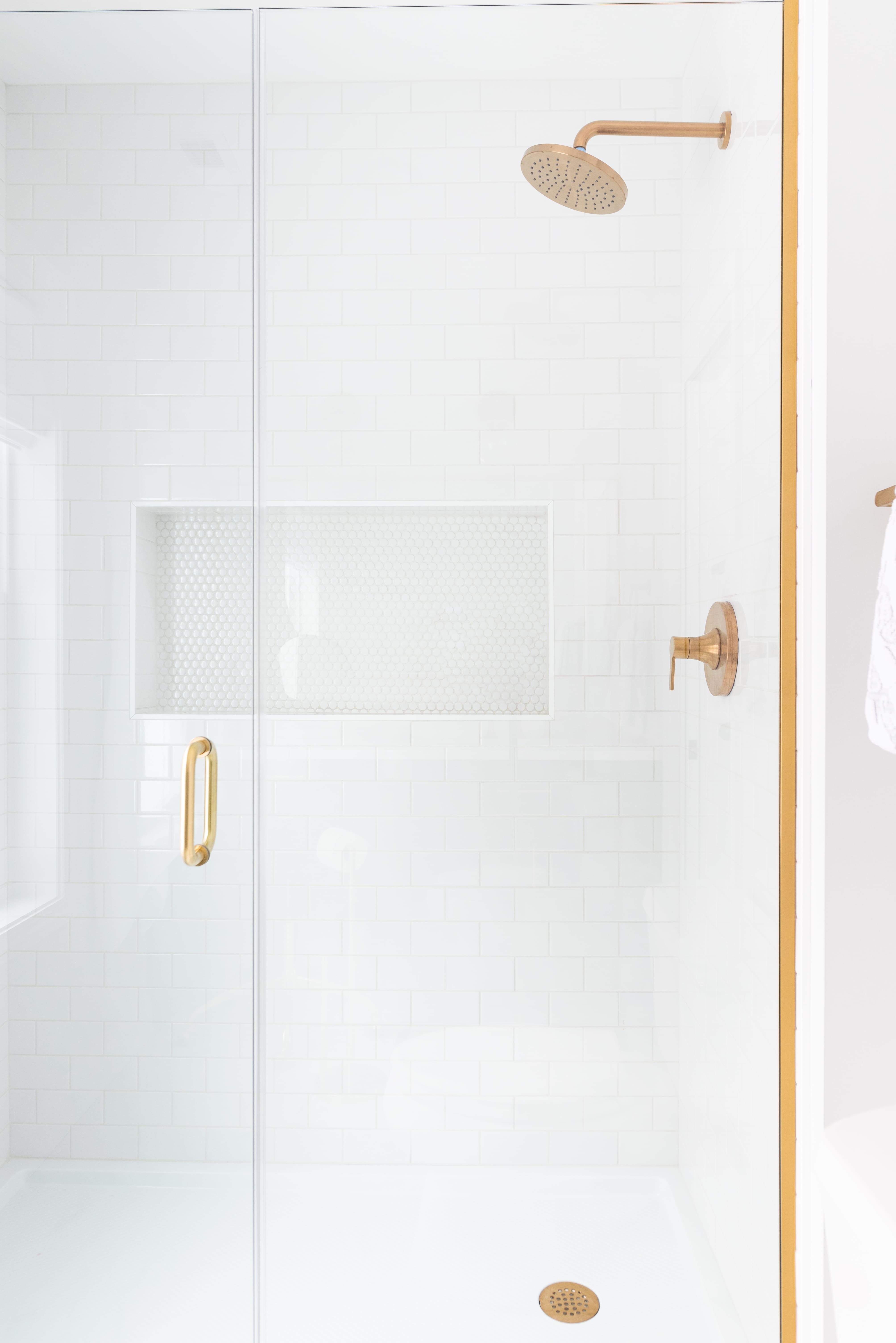 White tiled walk in shower with glass in ohio remodel