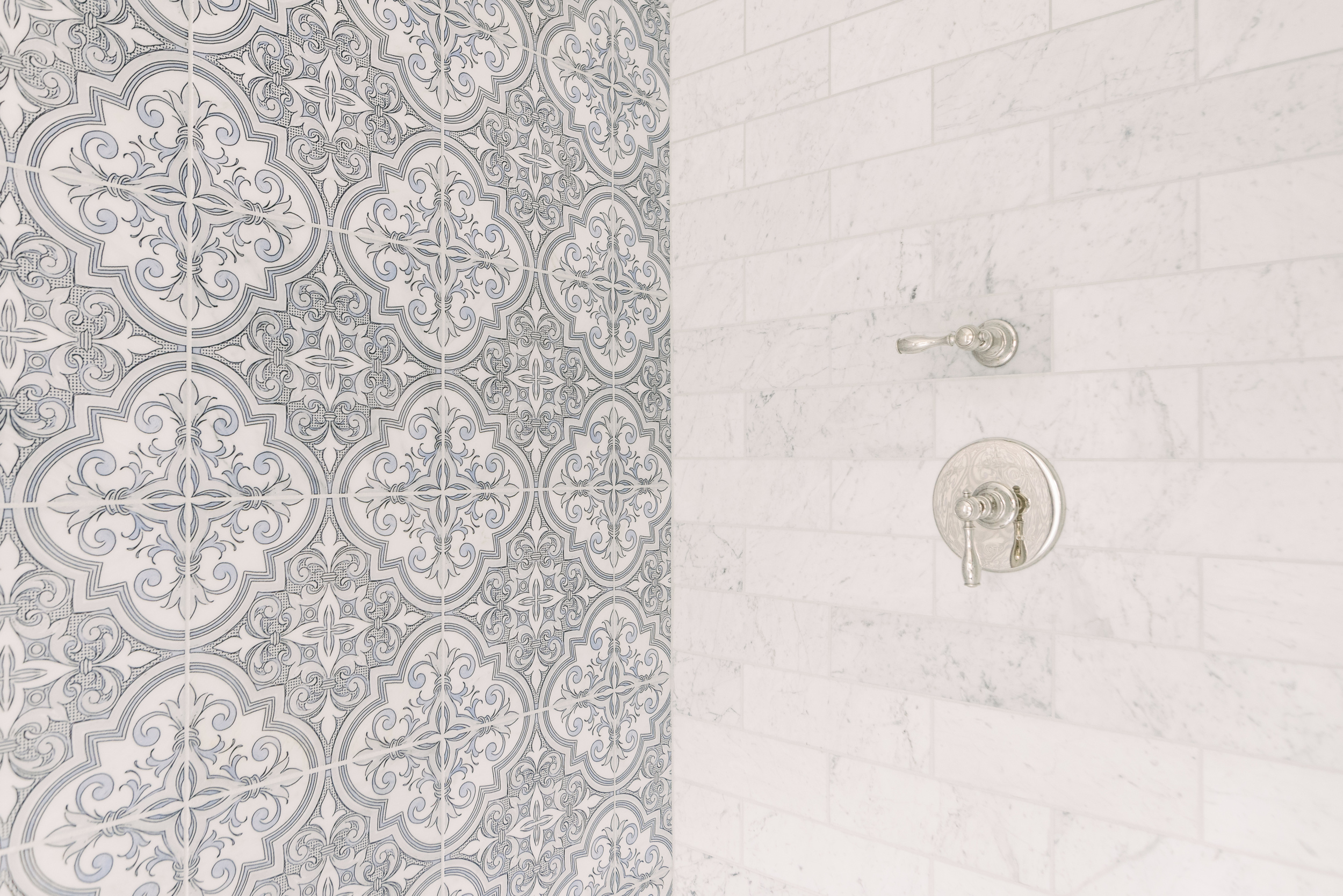 patterned shower tiles with subway tiles